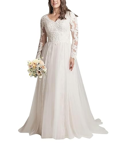JAEDEN Damen Langarm Brautkleider Grosse Grössen Spitze Boho Hochzeitskleider Tüll Standesamtliche Lang Weiß 44 von JAEDEN