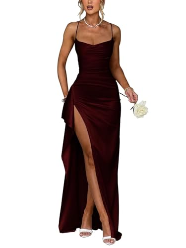 JAEDEN Damen Satin Abiballkleider Spaghettiträger Abendkleider mit Schlitz Meerjungfrau Ballkleider Brautjungfernkleid Dunkles Burgunder 36 von JAEDEN