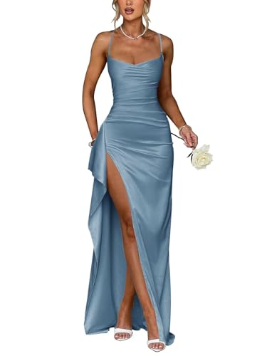 JAEDEN Damen Satin Abiballkleider Spaghettiträger Abendkleider mit Schlitz Meerjungfrau Ballkleider Brautjungfernkleid Staubiges Blau 32 von JAEDEN