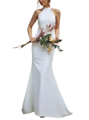 JAEDEN Damen Satin Meerjungfrau Brautkleider Hochzeitskleider Neckholder Schlichte Brautmode Rückenfrei Weiß 36 von JAEDEN