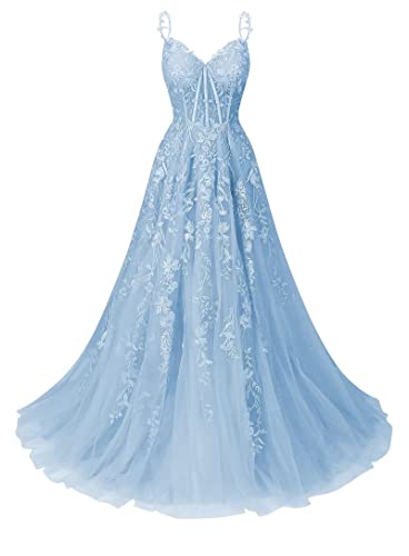 JAEDEN Damen Spaghettiträger Ballkleider Lang Tüll Abiballkleider A-Linie Spitze Abend Partykleider Himmelblau 34 von JAEDEN