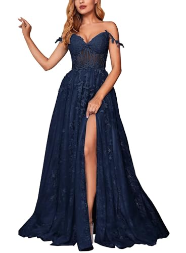 JAEDEN Damen Spaghettiträger Ballkleider Lang Tüll Abiballkleider A-Linie Spitze Abend Partykleider Marineblau 40 von JAEDEN