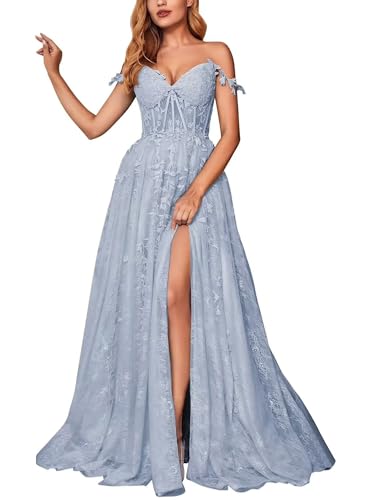 JAEDEN Damen Spaghettiträger Ballkleider Lang Tüll Abiballkleider A-Linie Spitze Abend Partykleider Staubiges Blau 34 von JAEDEN