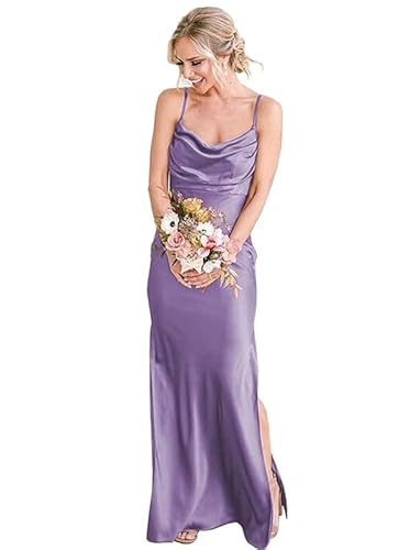 JAEDEN Damen Spaghettiträger Brautjungfernkleider Satin Meerjungfrau Abendkleider mit Schlitz Abschlussball Party Kleid Staubiges Violet 36 von JAEDEN