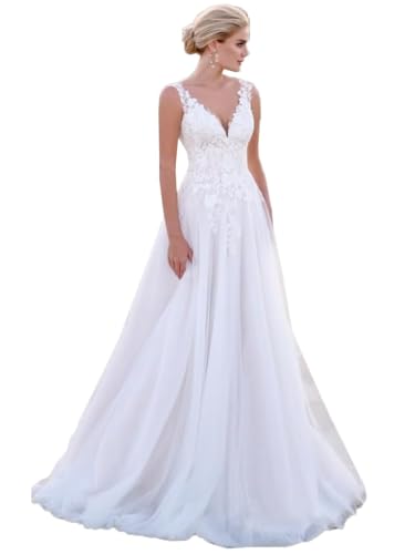 JAEDEN Damen Spitze Brautkleider Lang Hochzeitskleider Boho Standesamtkleider Brautmode Weiß 34 von JAEDEN