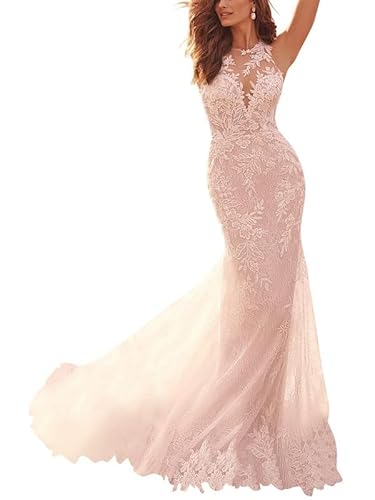 JAEDEN Damen Spitze Meerjungfrau Brautkleid Lang Boho Hochzeitskleider Strand Brautkleider Ärmellos Elfenbein 38 von JAEDEN