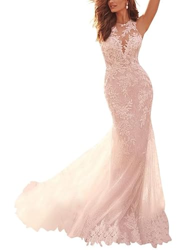 JAEDEN Damen Spitze Meerjungfrau Brautkleid Lang Boho Hochzeitskleider Strand Brautkleider Ärmellos Weiß 36 JAEDEN Damen Spitze Meerjungfrau Brautkleid Lang Boho Hochzeitskleider Strand Brautkleider Ärmellos Weiß 36 von JAEDEN