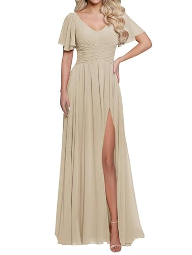 JAEDEN Damen V-Ausschnitt Brautjungfernkleid mit Schlitz Chiffon Lange Abendkleid mit Taschen Kurzarm Festliche Hochzeits gast Kleid Champagner 44 von JAEDEN