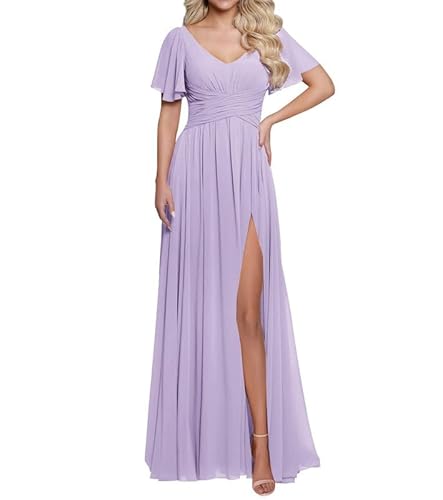 JAEDEN Damen V-Ausschnitt Brautjungfernkleid mit Schlitz Chiffon Lange Abendkleid mit Taschen Kurzarm Festliche Hochzeits gast Kleid Lavendel 48 JAEDEN Damen V-Ausschnitt Brautjungfernkleid mit Schlitz Chiffon Lange Abendkleid mit Taschen Kurzarm Festliche Hochzeits gast Kleid Lavendel 48 von JAEDEN