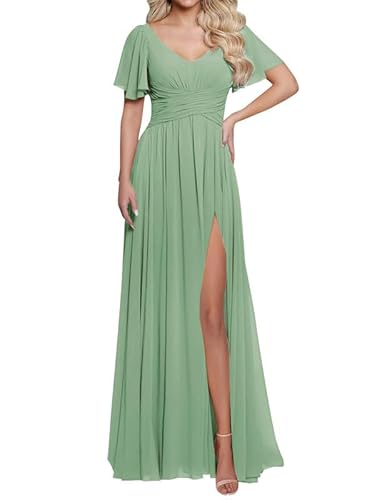 JAEDEN Damen V-Ausschnitt Brautjungfernkleid mit Schlitz Chiffon Lange Abendkleid mit Taschen Kurzarm Festliche Hochzeits gast Kleid Sage 44 von JAEDEN