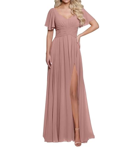 JAEDEN Damen V-Ausschnitt Brautjungfernkleid mit Schlitz Chiffon Lange Abendkleid mit Taschen Kurzarm Festliche Hochzeits gast Kleid Staubige Rose 40 von JAEDEN