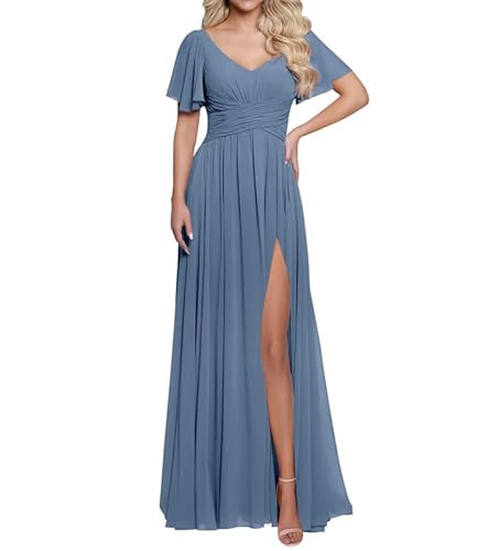 JAEDEN Damen V-Ausschnitt Brautjungfernkleid mit Schlitz Chiffon Lange Abendkleid mit Taschen Kurzarm Festliche Hochzeits gast Kleid Staubiges Blau 40 von JAEDEN