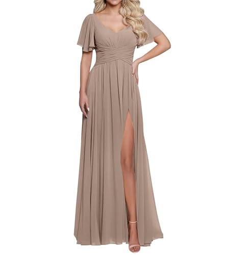 JAEDEN Damen V-Ausschnitt Brautjungfernkleid mit Schlitz Chiffon Lange Abendkleid mit Taschen Kurzarm Festliche Hochzeits gast Kleid Taupe 36 von JAEDEN