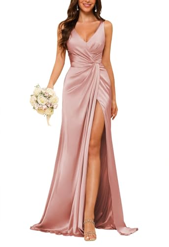 JAEDEN Damen V-Ausschnitt Brautjungfernkleider Satin Lang Abendkleider mit Schlitz Ärmellos Cocktailkleid Elegant für Hochzeit Altrosa 40 von JAEDEN