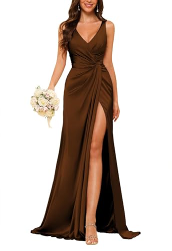JAEDEN Damen V-Ausschnitt Brautjungfernkleider Satin Lang Abendkleider mit Schlitz Ärmellos Cocktailkleid Elegant für Hochzeit Braun 46 von JAEDEN