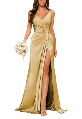 JAEDEN Damen V-Ausschnitt Brautjungfernkleider Satin Lang Abendkleider mit Schlitz Ärmellos Cocktailkleid Elegant für Hochzeit Gold 38 von JAEDEN