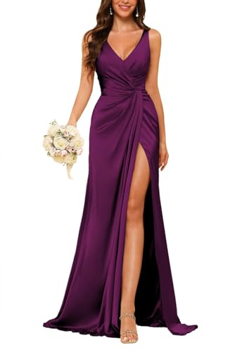 JAEDEN Damen V-Ausschnitt Brautjungfernkleider Satin Lang Abendkleider mit Schlitz Ärmellos Cocktailkleid Elegant für Hochzeit Plum 38 von JAEDEN