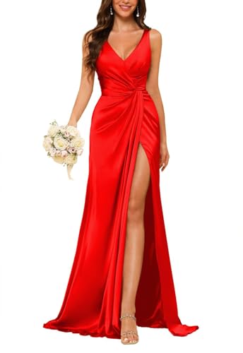 JAEDEN Damen V-Ausschnitt Brautjungfernkleider Satin Lang Abendkleider mit Schlitz Ärmellos Cocktailkleid Elegant für Hochzeit Rot 46 von JAEDEN