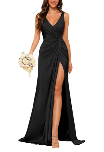 JAEDEN Damen V-Ausschnitt Brautjungfernkleider Satin Lang Abendkleider mit Schlitz Ärmellos Cocktailkleid Elegant für Hochzeit Schwarz 44 von JAEDEN