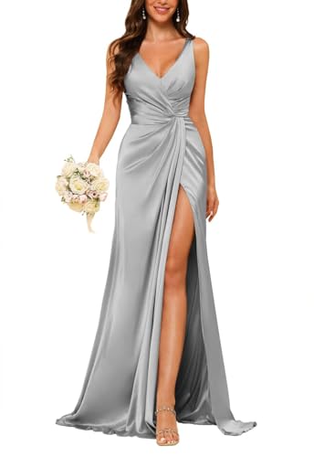JAEDEN Damen V-Ausschnitt Brautjungfernkleider Satin Lang Abendkleider mit Schlitz Ärmellos Cocktailkleid Elegant für Hochzeit Silber 40 von JAEDEN