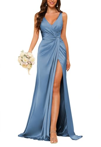 JAEDEN Damen V-Ausschnitt Brautjungfernkleider Satin Lang Abendkleider mit Schlitz Ärmellos Cocktailkleid Elegant für Hochzeit Staubiges Blau 40 von JAEDEN