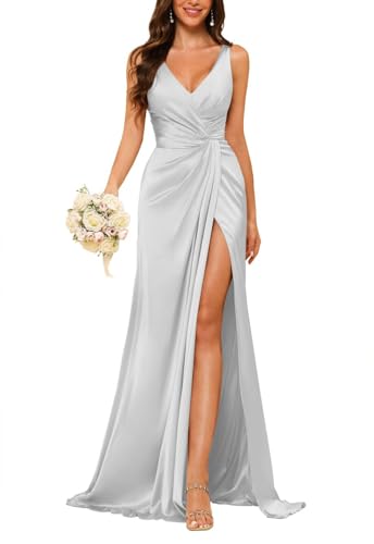 JAEDEN Damen V-Ausschnitt Brautjungfernkleider Satin Lang Abendkleider mit Schlitz Ärmellos Cocktailkleid Elegant für Hochzeit Weiß 44 von JAEDEN