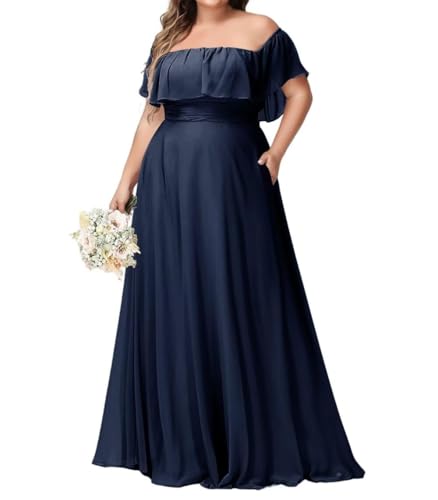 JAEDEN Große Größe Brautjungfernkleider Lang Rüschen Abendkleider Chiffon Hochzeits Gast Kleider Marineblau 54 von JAEDEN