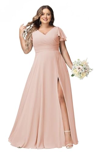 JAEDEN Große Größen Abendkleid Lang Chiffon Brautjungfernkleid Rüschen Kurzarm Hochzeits Gast Kleid Altrosa 56 von JAEDEN