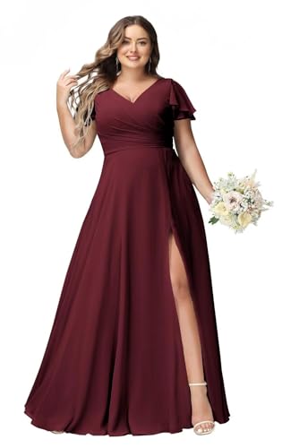 JAEDEN Große Größen Abendkleid Lang Chiffon Brautjungfernkleid Rüschen Kurzarm Hochzeits Gast Kleid Dunkles Burgunder 50 von JAEDEN