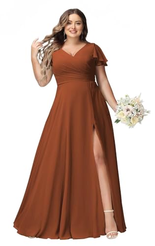 JAEDEN Große Größen Abendkleid Lang Chiffon Brautjungfernkleid Rüschen Kurzarm Hochzeits Gast Kleid Gebranntes Orange 44 von JAEDEN
