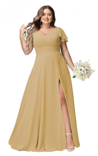 JAEDEN Große Größen Abendkleid Lang Chiffon Brautjungfernkleid Rüschen Kurzarm Hochzeits Gast Kleid Gold 38 von JAEDEN