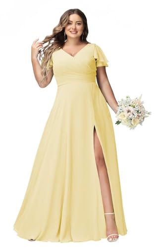 JAEDEN Große Größen Abendkleid Lang Chiffon Brautjungfernkleid Rüschen Kurzarm Hochzeits Gast Kleid Hellgelb 44 von JAEDEN