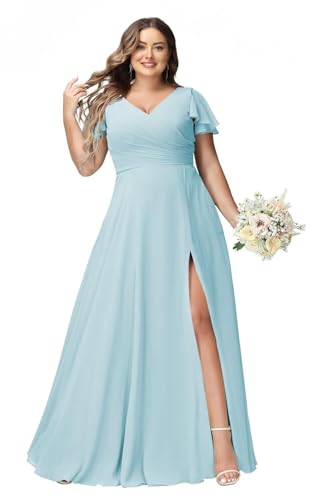JAEDEN Große Größen Abendkleid Lang Chiffon Brautjungfernkleid Rüschen Kurzarm Hochzeits Gast Kleid Himmelblau 56 von JAEDEN