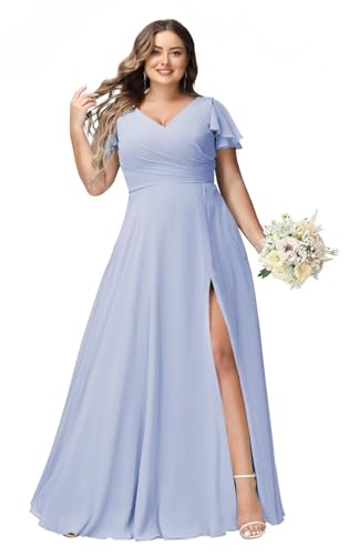 JAEDEN Große Größen Abendkleid Lang Chiffon Brautjungfernkleid Rüschen Kurzarm Hochzeits Gast Kleid Lavendel 52 von JAEDEN