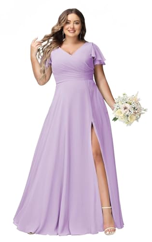 JAEDEN Große Größen Abendkleid Lang Chiffon Brautjungfernkleid Rüschen Kurzarm Hochzeits Gast Kleid Lila 46 von JAEDEN