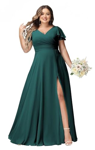 JAEDEN Große Größen Abendkleid Lang Chiffon Brautjungfernkleid Rüschen Kurzarm Hochzeits Gast Kleid Pfau 42 von JAEDEN