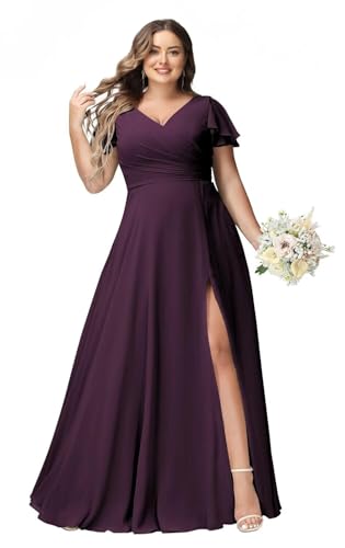 JAEDEN Große Größen Abendkleid Lang Chiffon Brautjungfernkleid Rüschen Kurzarm Hochzeits Gast Kleid Plum 50 von JAEDEN