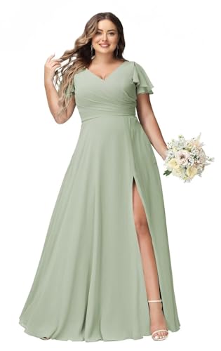 JAEDEN Große Größen Abendkleid Lang Chiffon Brautjungfernkleid Rüschen Kurzarm Hochzeits Gast Kleid Salbeigrün 48 von JAEDEN