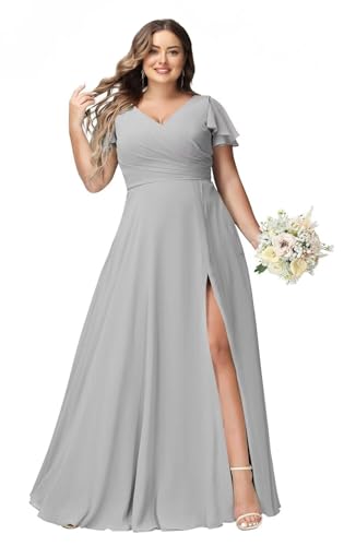 JAEDEN Große Größen Abendkleid Lang Chiffon Brautjungfernkleid Rüschen Kurzarm Hochzeits Gast Kleid Silber 52 von JAEDEN