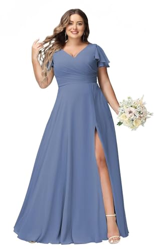 JAEDEN Große Größen Abendkleid Lang Chiffon Brautjungfernkleid Rüschen Kurzarm Hochzeits Gast Kleid Stahlblau 50 von JAEDEN