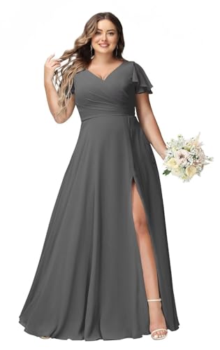 JAEDEN Große Größen Abendkleid Lang Chiffon Brautjungfernkleid Rüschen Kurzarm Hochzeits Gast Kleid Stahlgrau 42 von JAEDEN