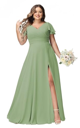 JAEDEN Große Größen Abendkleid Lang Chiffon Brautjungfernkleid Rüschen Kurzarm Hochzeits Gast Kleid Staubiger Salbei 44 von JAEDEN