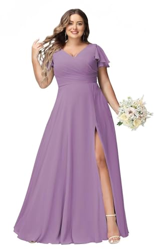 JAEDEN Große Größen Abendkleid Lang Chiffon Brautjungfernkleid Rüschen Kurzarm Hochzeits Gast Kleid Staubiges Lila 46 von JAEDEN