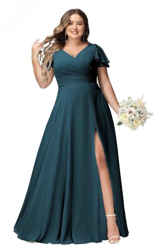JAEDEN Große Größen Abendkleid Lang Chiffon Brautjungfernkleid Rüschen Kurzarm Hochzeits Gast Kleid Teal 46 von JAEDEN