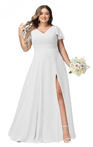 JAEDEN Große Größen Abendkleid Lang Chiffon Brautjungfernkleid Rüschen Kurzarm Hochzeits Gast Kleid Weiß 58 von JAEDEN