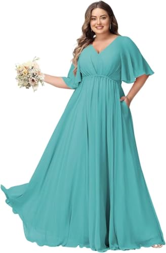 JAEDEN Große Größen Abendkleid mit Taschen Damen Lang Brautjungfernkleid V Ausschnitt Hochzeitsgast Kleid Aqua 54 von JAEDEN