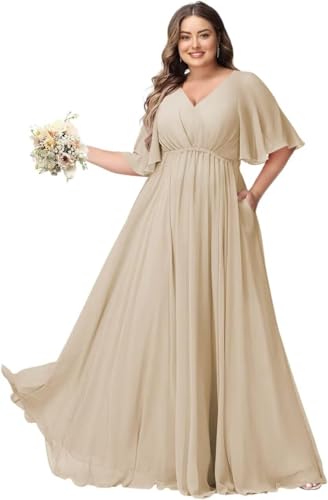 JAEDEN Große Größen Abendkleid mit Taschen Damen Lang Brautjungfernkleid V Ausschnitt Hochzeitsgast Kleid Champagner 52 von JAEDEN