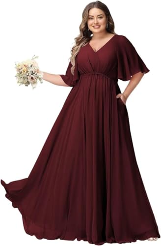 JAEDEN Große Größen Abendkleid mit Taschen Damen Lang Brautjungfernkleid V Ausschnitt Hochzeitsgast Kleid Dunkles Burgunder 52 JAEDEN Große Größen Abendkleid mit Taschen Damen Lang Brautjungfernkleid V Ausschnitt Hochzeitsgast Kleid Dunkles Burgunder 52 von JAEDEN