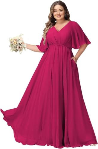 JAEDEN Große Größen Abendkleid mit Taschen Damen Lang Brautjungfernkleid V Ausschnitt Hochzeitsgast Kleid Fuchsie 48 JAEDEN Große Größen Abendkleid mit Taschen Damen Lang Brautjungfernkleid V Ausschnitt Hochzeitsgast Kleid Fuchsie 48 von JAEDEN