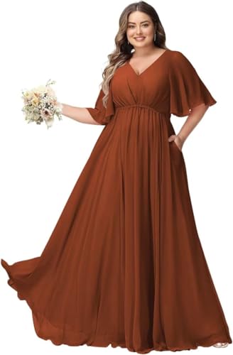 JAEDEN Große Größen Abendkleid mit Taschen Damen Lang Brautjungfernkleid V Ausschnitt Hochzeitsgast Kleid Gebranntes Orange 54 von JAEDEN